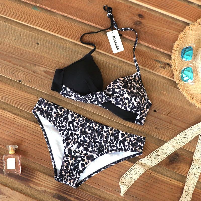 Push Up Women Bikinis Swimwear Women's Bathing Suits Push Up Halter Bandage Bikini Floral Printing Swim Bottoms Two Piece Swimsuits Women Swimsuits Bathing Suit Halter Leaf Print Beach Wear Plus Size