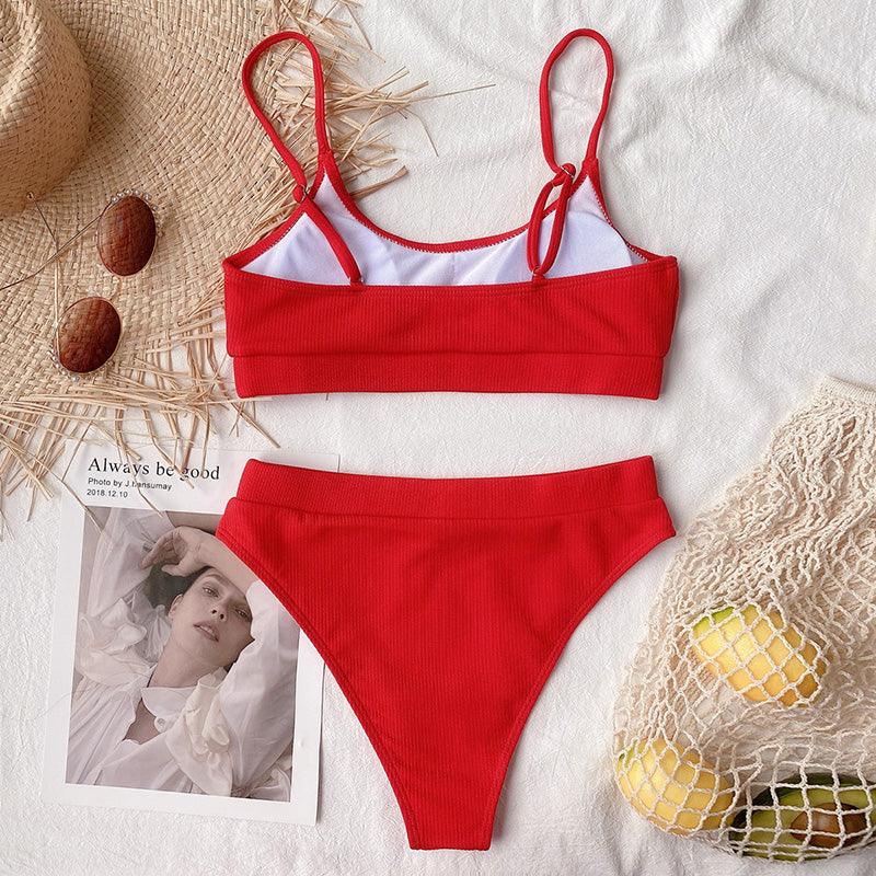 High Waist Bikini Swimsuits Women Push Up Swimwear Ribbed Bathing Suit Strap Bikinis Set Beachwear High Waist Bathing Suit Full Coverage Two Piece Swimsuit