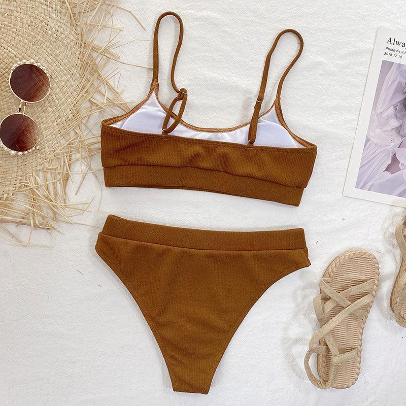 High Waist Bikini Swimsuits Women Push Up Swimwear Ribbed Bathing Suit Strap Bikinis Set Beachwear High Waist Bathing Suit Full Coverage Two Piece Swimsuit