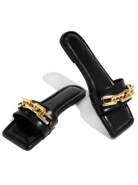 Purple Women's Slippers Summer Gold Chain Luxury Square Head Flat Heel Outdoor Beach Women Slides Sandals Leather Flat Sandals Strap Slides With Chain Open Toe Summer Slippers