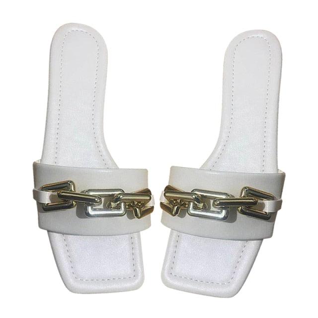 Purple Women's Slippers Summer Gold Chain Luxury Square Head Flat Heel Outdoor Beach Women Slides Sandals Leather Flat Sandals Strap Slides With Chain Open Toe Summer Slippers