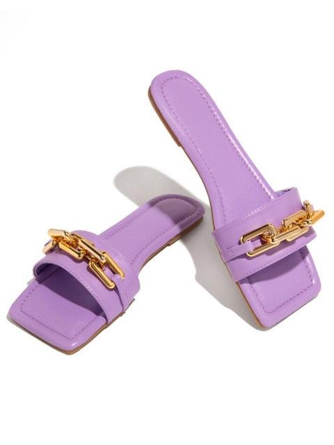 Purple Women's Slippers Summer Gold Chain Luxury Square Head Flat Heel Outdoor Beach Women Slides Sandals Leather Flat Sandals Strap Slides With Chain Open Toe Summer Slippers