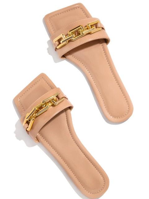 Purple Women's Slippers Summer Gold Chain Luxury Square Head Flat Heel Outdoor Beach Women Slides Sandals Leather Flat Sandals Strap Slides With Chain Open Toe Summer Slippers