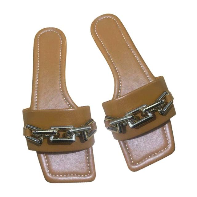 Purple Women's Slippers Summer Gold Chain Luxury Square Head Flat Heel Outdoor Beach Women Slides Sandals Leather Flat Sandals Strap Slides With Chain Open Toe Summer Slippers