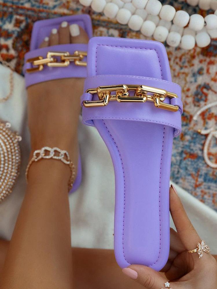 Purple Women's Slippers Summer Gold Chain Luxury Square Head Flat Heel Outdoor Beach Women Slides Sandals Leather Flat Sandals Strap Slides With Chain Open Toe Summer Slippers