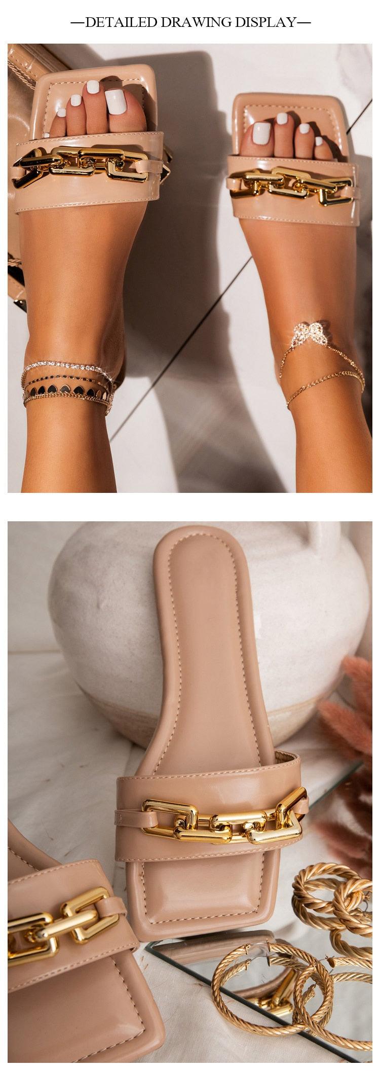 Purple Women's Slippers Summer Gold Chain Luxury Square Head Flat Heel Outdoor Beach Women Slides Sandals Leather Flat Sandals Strap Slides With Chain Open Toe Summer Slippers