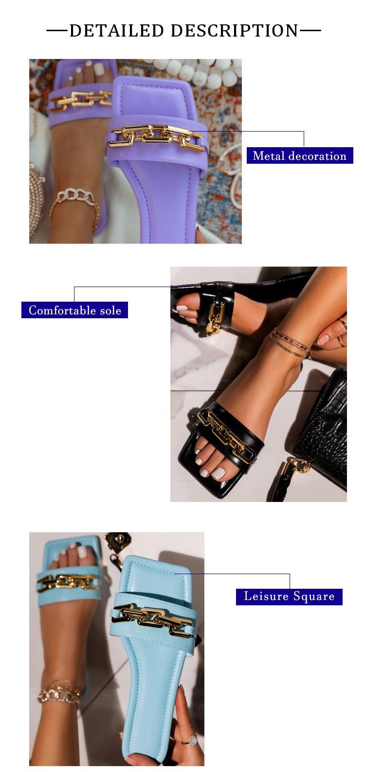 Purple Women's Slippers Summer Gold Chain Luxury Square Head Flat Heel Outdoor Beach Women Slides Sandals Leather Flat Sandals Strap Slides With Chain Open Toe Summer Slippers