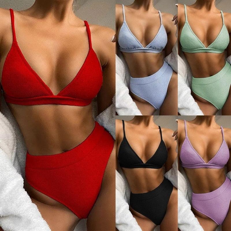 Push Up Bikini Set Swimsuits High Waist Swimwear Women Ribbed Bathing Suits Brazilian Bikinis Swimsuit for Women Bottom Triangle Bikinis Top Bathing Suit