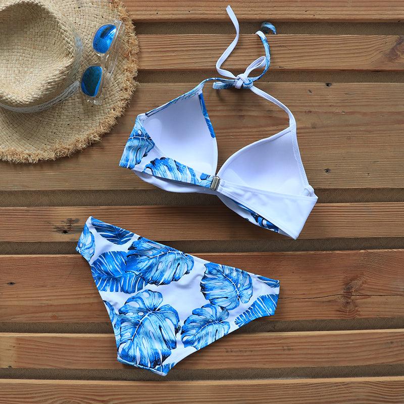 Push Up Women Bikinis Swimwear Women's Bathing Suits Push Up Halter Bandage Bikini Floral Printing Swim Bottoms Two Piece Swimsuits Women Swimsuits Bathing Suit Halter Leaf Print Beach Wear Plus Size