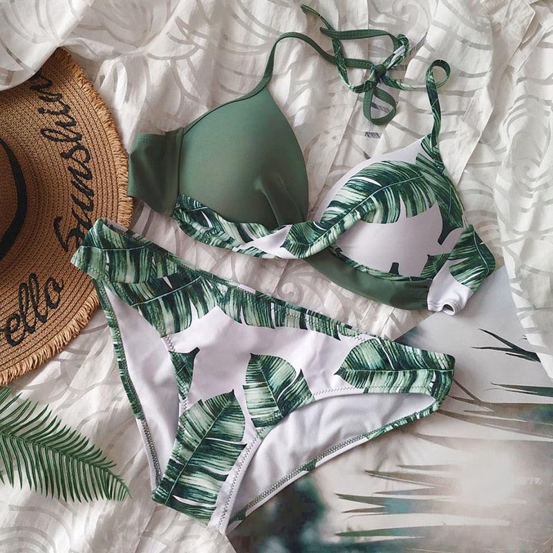 Push Up Women Bikinis Swimwear Women's Bathing Suits Push Up Halter Bandage Bikini Floral Printing Swim Bottoms Two Piece Swimsuits Women Swimsuits Bathing Suit Halter Leaf Print Beach Wear Plus Size
