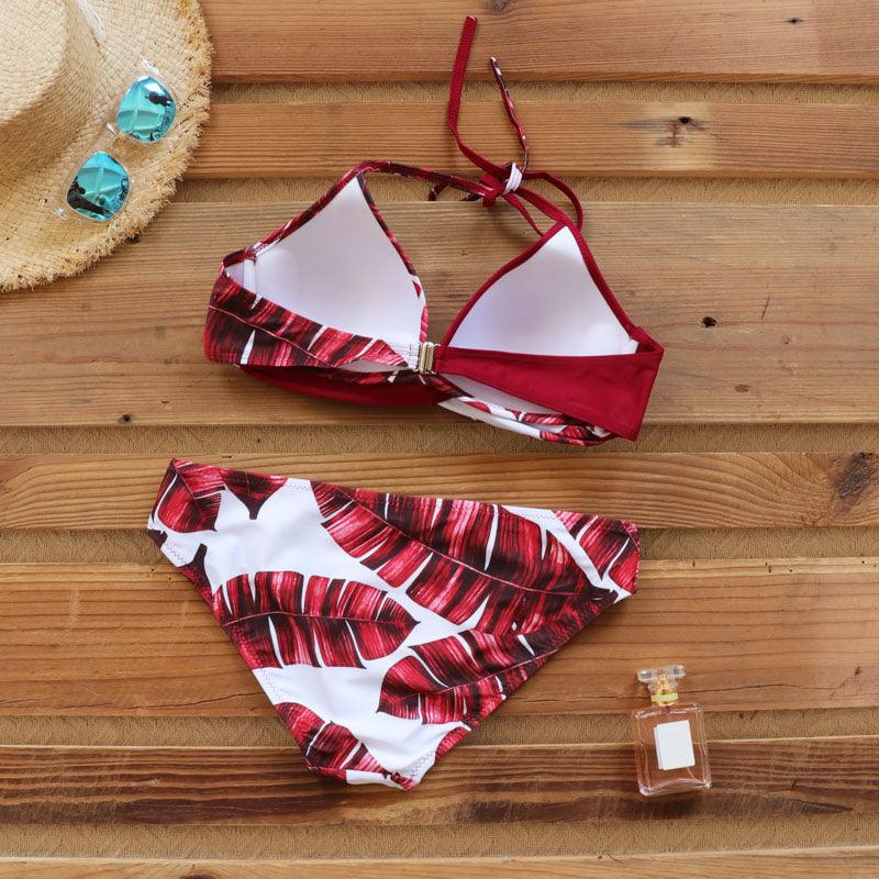 Push Up Women Bikinis Swimwear Women's Bathing Suits Push Up Halter Bandage Bikini Floral Printing Swim Bottoms Two Piece Swimsuits Women Swimsuits Bathing Suit Halter Leaf Print Beach Wear Plus Size
