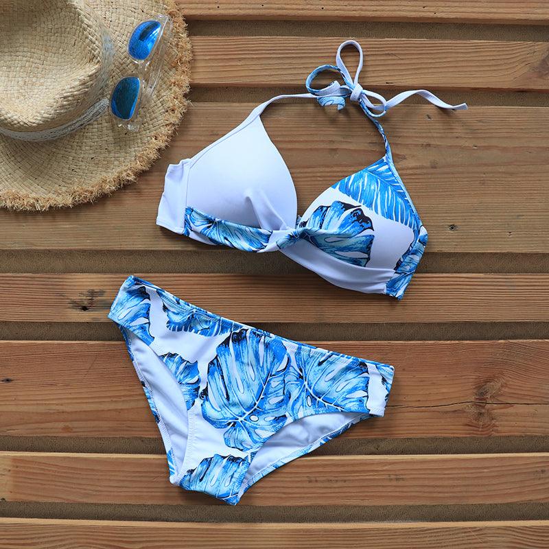 Push Up Women Bikinis Swimwear Women's Bathing Suits Push Up Halter Bandage Bikini Floral Printing Swim Bottoms Two Piece Swimsuits Women Swimsuits Bathing Suit Halter Leaf Print Beach Wear Plus Size