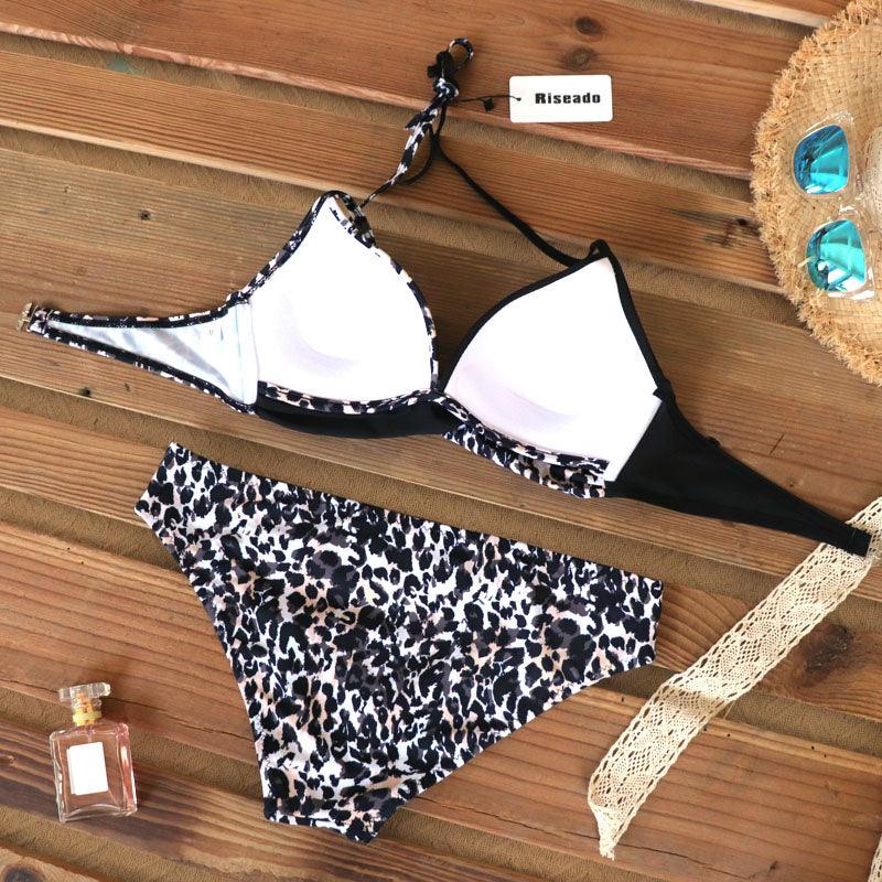 Push Up Women Bikinis Swimwear Women's Bathing Suits Push Up Halter Bandage Bikini Floral Printing Swim Bottoms Two Piece Swimsuits Women Swimsuits Bathing Suit Halter Leaf Print Beach Wear Plus Size