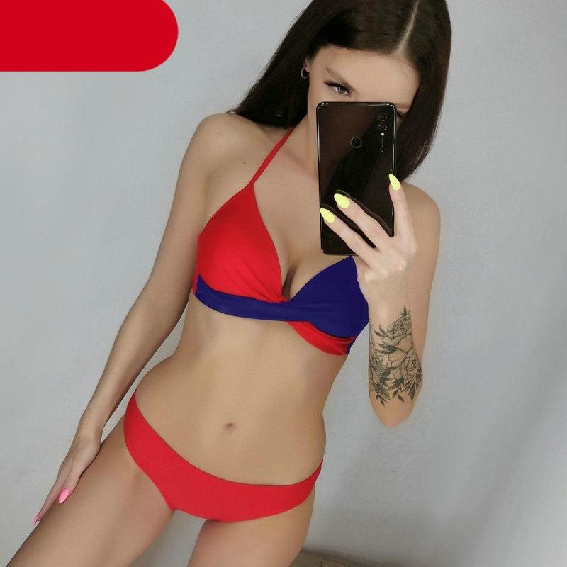 Push Up Women Bikinis Swimwear Women's Bathing Suits Push Up Halter Bandage Bikini Floral Printing Swim Bottoms Two Piece Swimsuits Women Swimsuits Bathing Suit Halter Leaf Print Beach Wear Plus Size