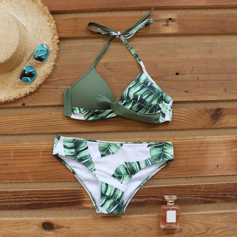 Push Up Women Bikinis Swimwear Women's Bathing Suits Push Up Halter Bandage Bikini Floral Printing Swim Bottoms Two Piece Swimsuits Women Swimsuits Bathing Suit Halter Leaf Print Beach Wear Plus Size