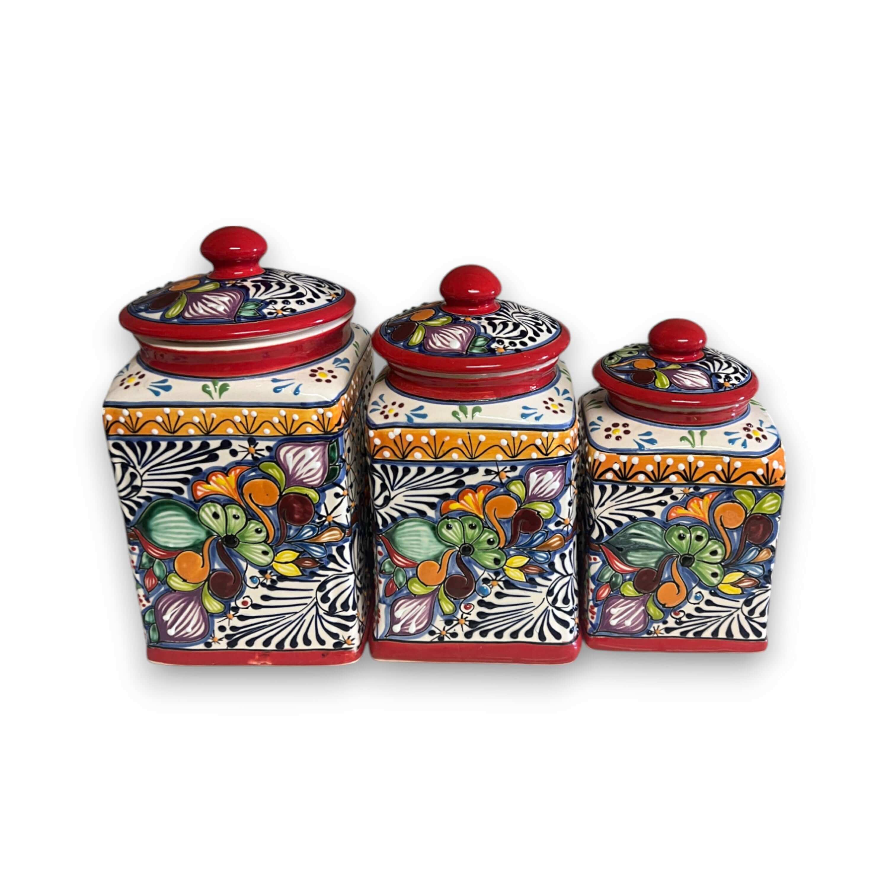 Juego de botes Talavera rojos | Tarros de cocina mexicanos pintados a mano