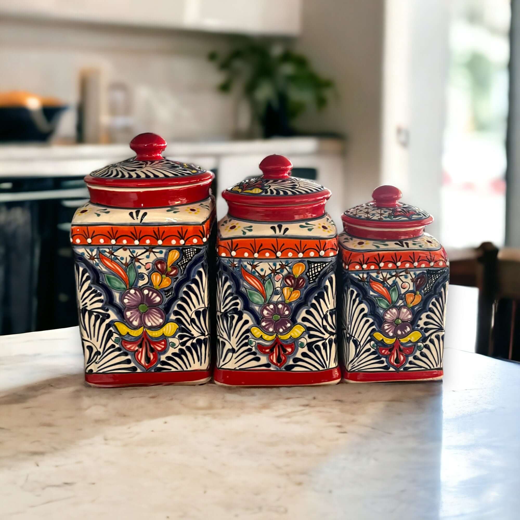 Juego de botes Talavera rojos | Tarros de cocina mexicanos pintados a mano