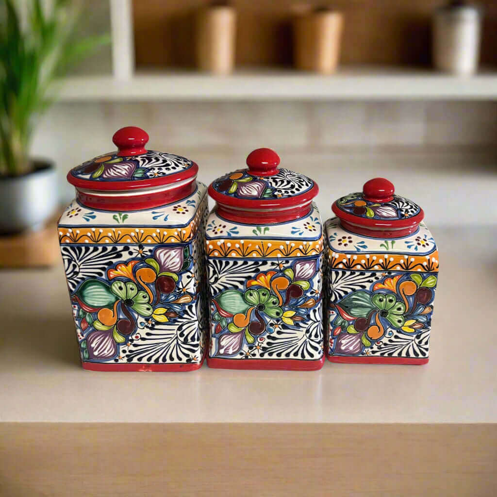 Juego de botes Talavera rojos | Tarros de cocina mexicanos pintados a mano