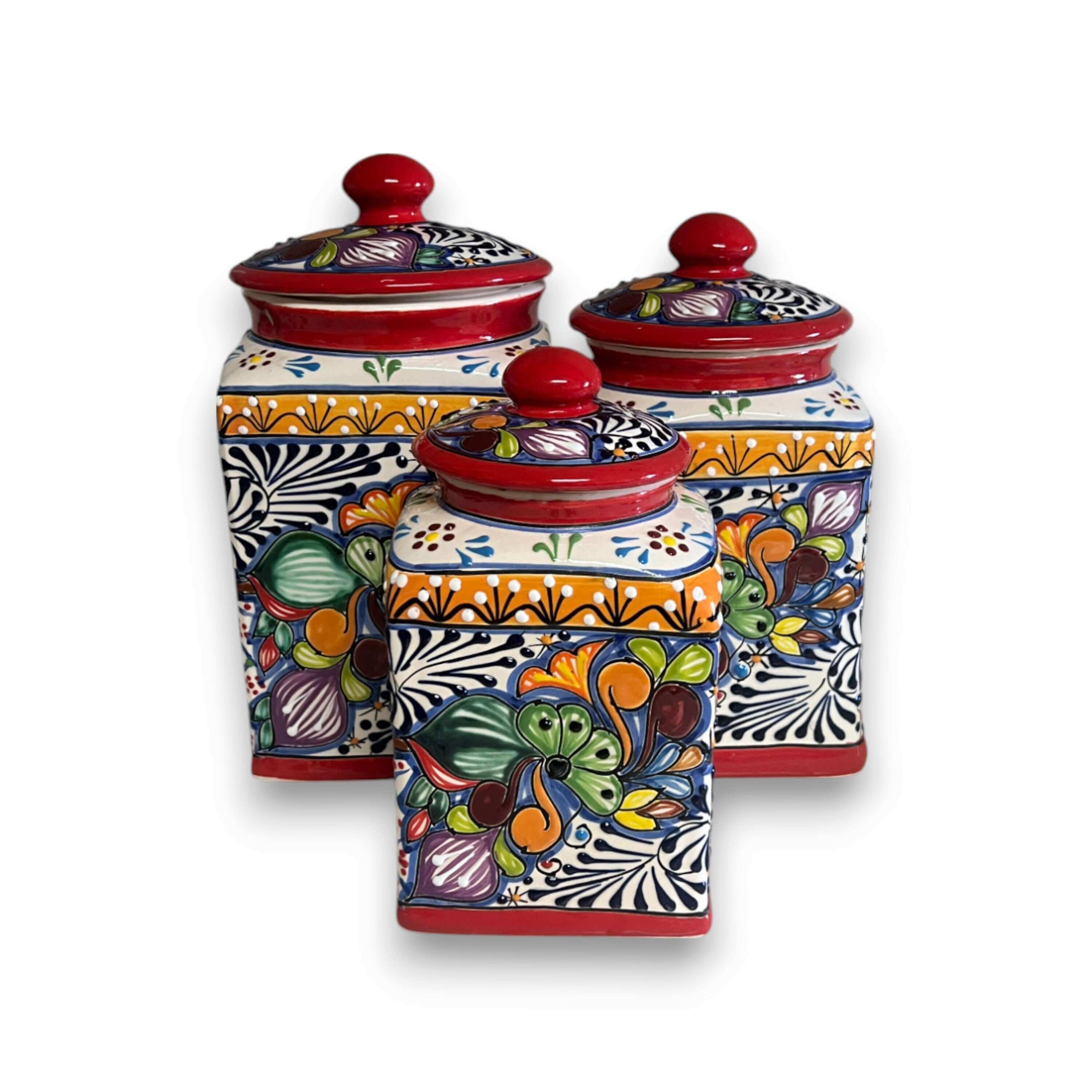 Juego de botes Talavera rojos | Tarros de cocina mexicanos pintados a mano