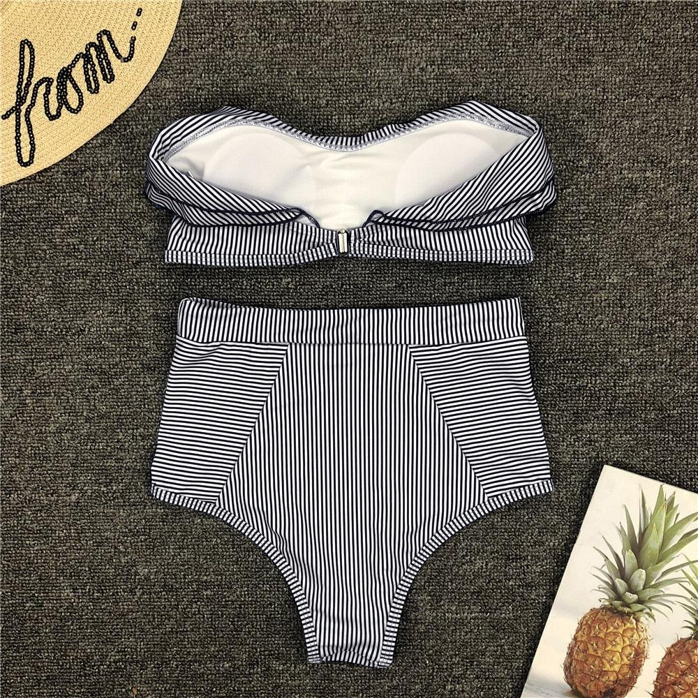 Retro Blue White Striped High Waist Bikini Lady Swimwear Women Swimsuit Female Ruffle Swim Bathing Suit Piece Vintage High Waist Bikini Set Ruffled Swimsuits For Women Bathing Suits