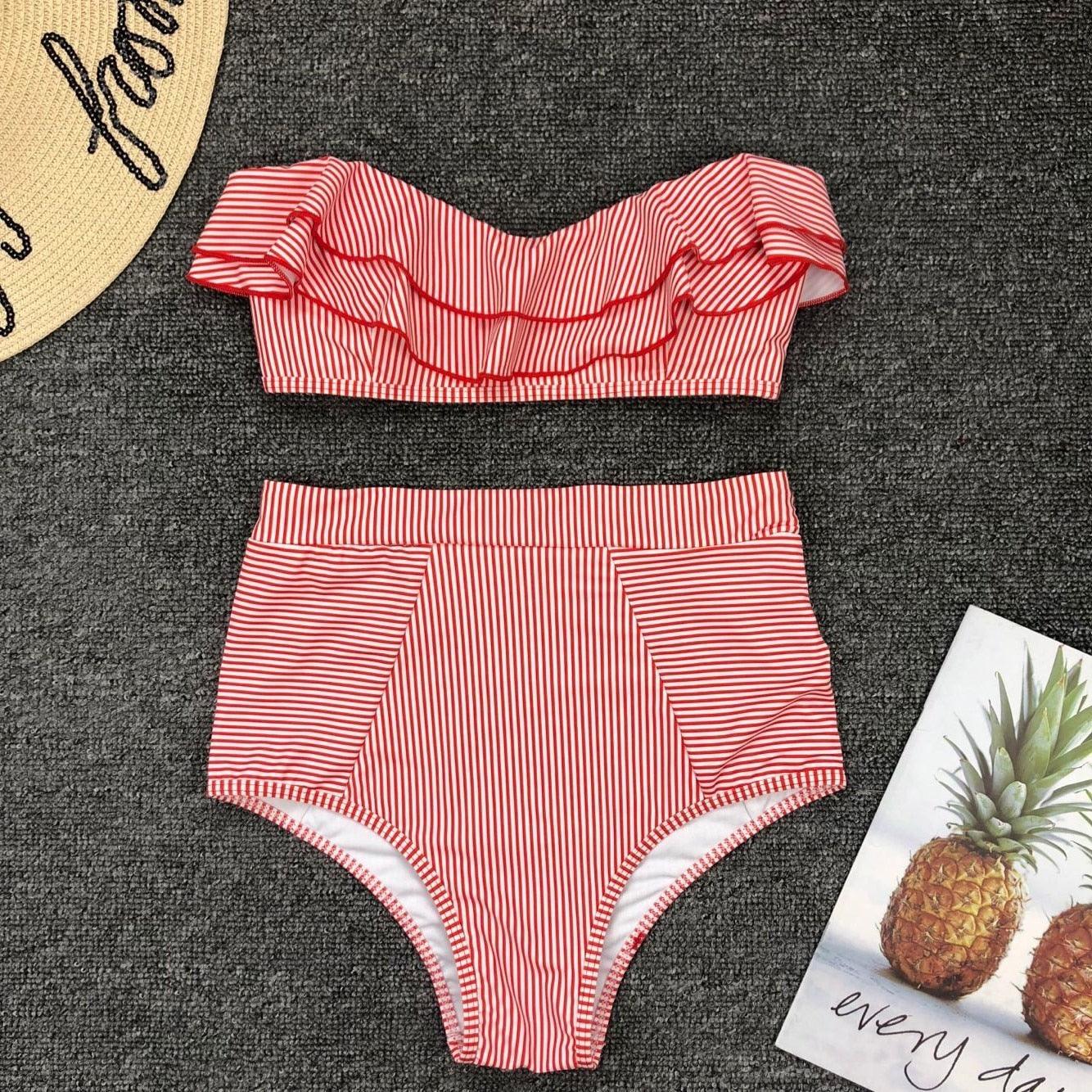 Retro Blue White Striped High Waist Bikini Lady Swimwear Women Swimsuit Female Ruffle Swim Bathing Suit Piece Vintage High Waist Bikini Set Ruffled Swimsuits For Women Bathing Suits