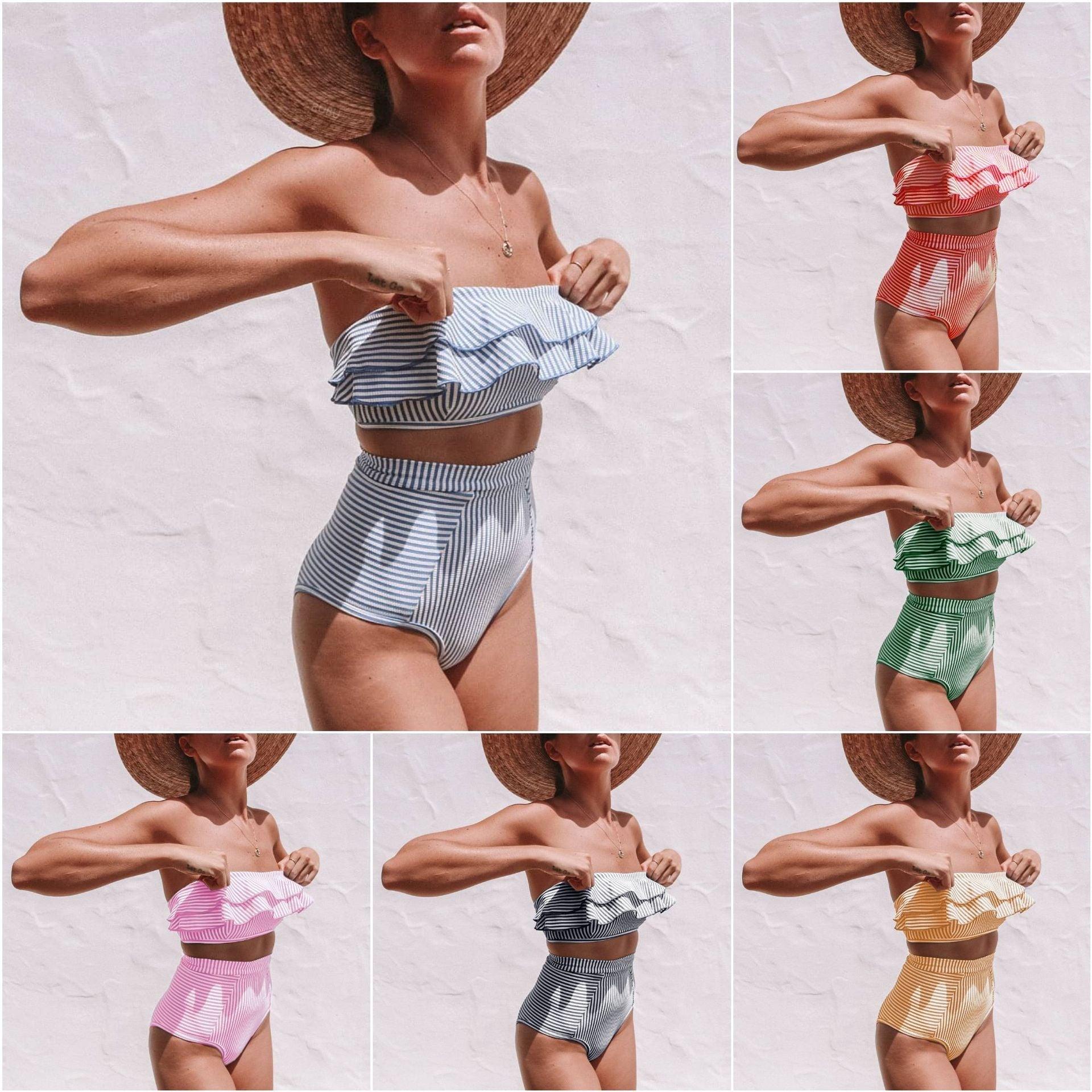 Retro Blue White Striped High Waist Bikini Lady Swimwear Women Swimsuit Female Ruffle Swim Bathing Suit Piece Vintage High Waist Bikini Set Ruffled Swimsuits For Women Bathing Suits