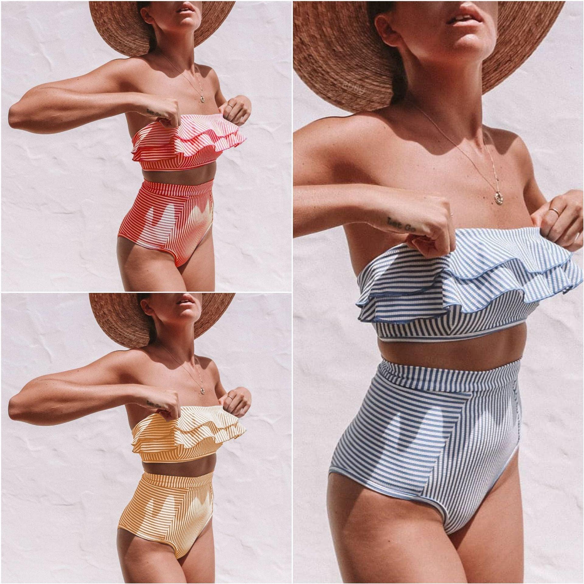 Retro Blue White Striped High Waist Bikini Lady Swimwear Women Swimsuit Female Ruffle Swim Bathing Suit Piece Vintage High Waist Bikini Set Ruffled Swimsuits For Women Bathing Suits