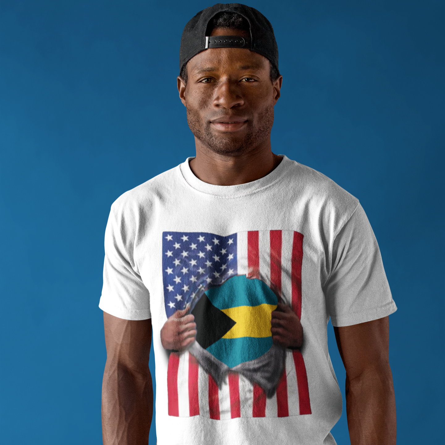 Camiseta Bandera de Bahamas + EE. UU. | Bandera de Bahamas + EE. UU. rasgada 4 de Julio | Camisetas Latinas Divertidas | 4 Colores