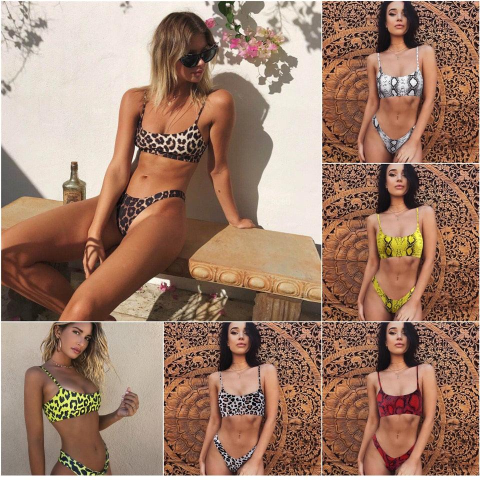 Snakeskin Bikini Women Swimwear Leopard Bikinis Swim Suit Push Up Swimsuit Women's Bikini Scoop Neck Straps Cutout Crop Top with Cheeky Bottom Two Piece Swimsuits Female Beachwear Swimming Bikini Women