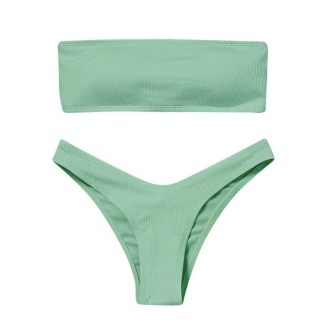Solid Bikini Swimsuit Women Bikini Set Women Strapless Ribbed Bikini Set Lace Up High Cut Two Piece Swimsuit Bathing Suit Two Piece Tube Top Swimwear Female Bather Swimming Suit