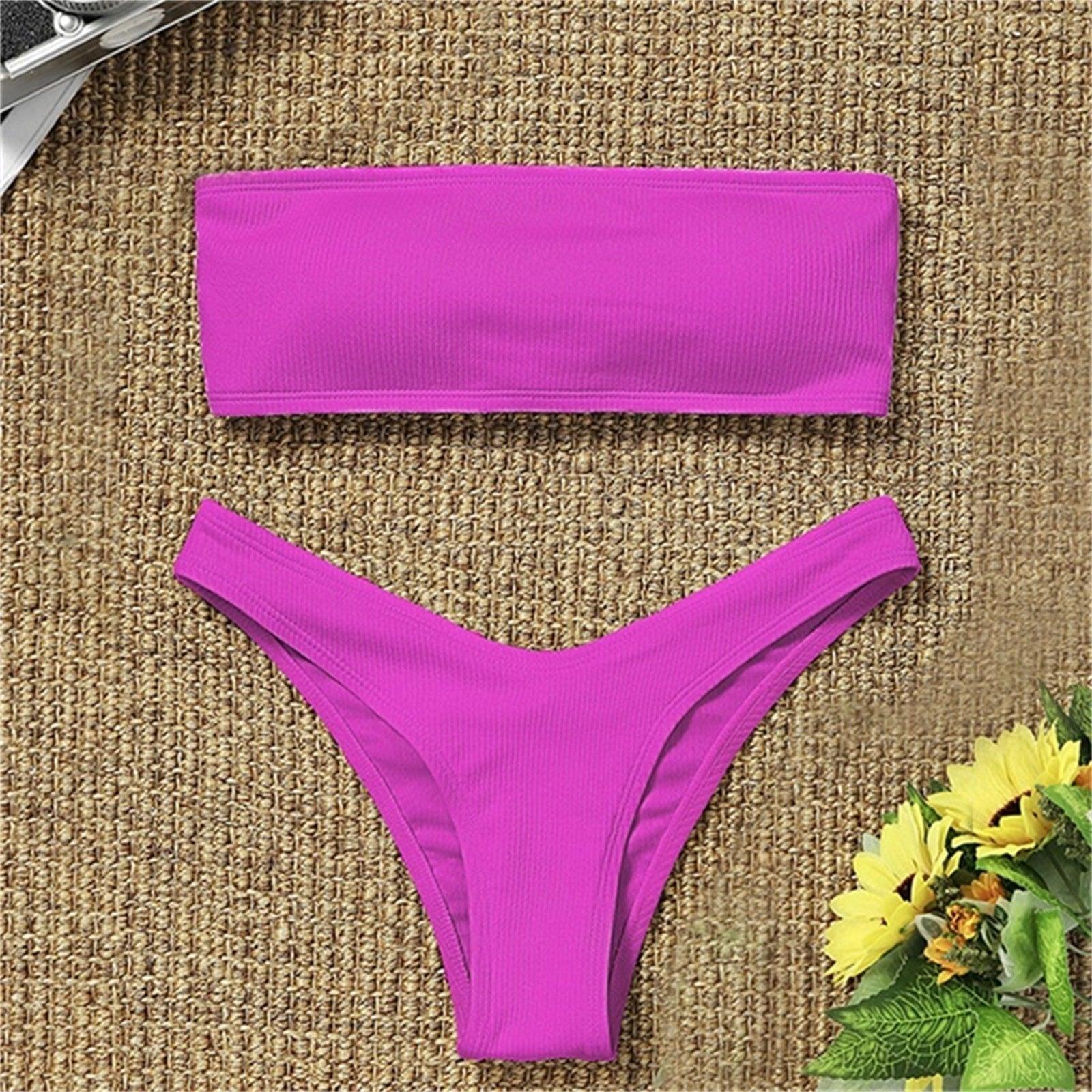 Solid Bikini Swimsuit Women Bikini Set Women Strapless Ribbed Bikini Set Lace Up High Cut Two Piece Swimsuit Bathing Suit Two Piece Tube Top Swimwear Female Bather Swimming Suit