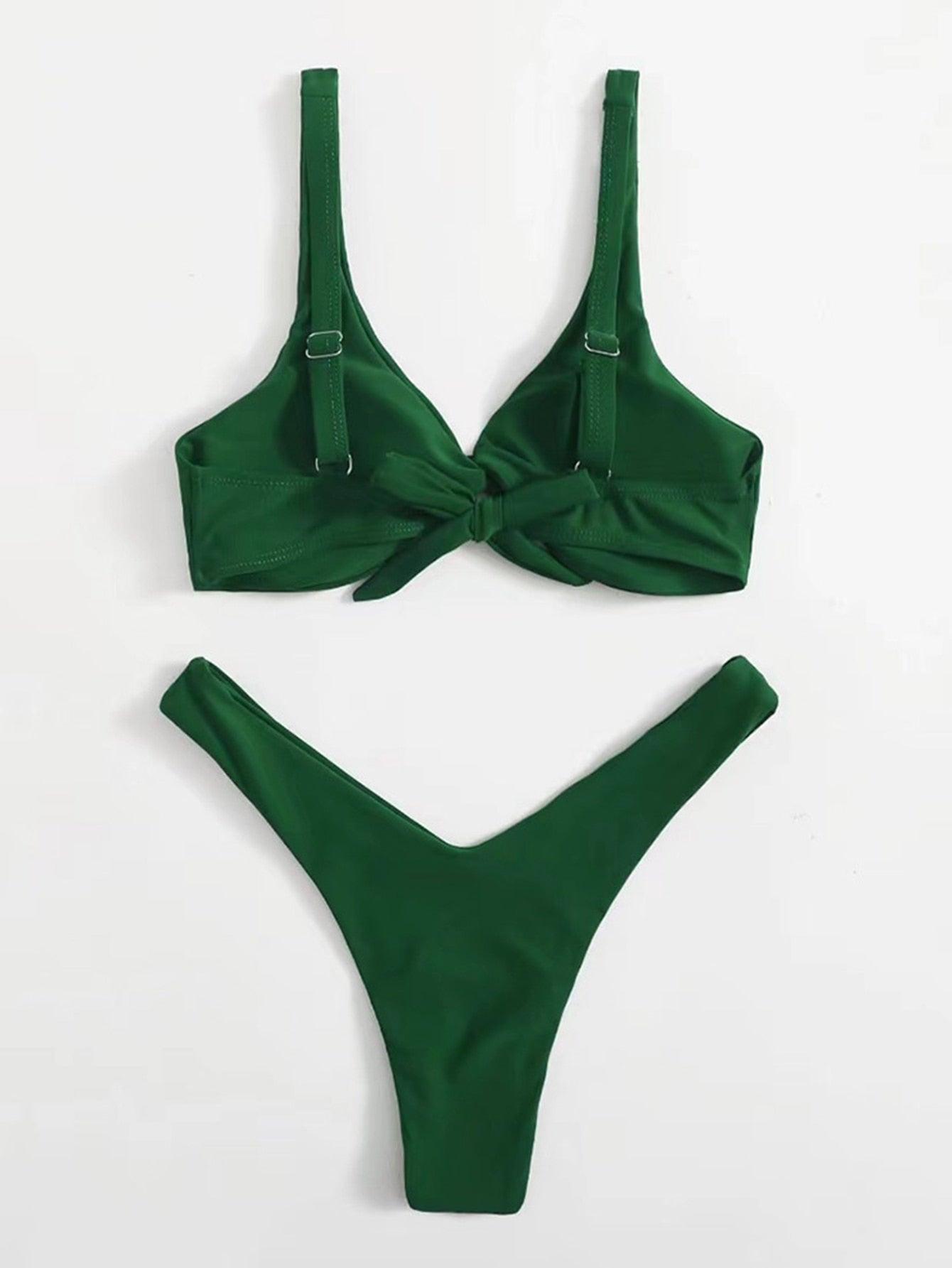 Solid Tie Bikini Padded Bra High Leg Bandage Push Up Bikini Set Brazilian Swimsuit Women Swimwear Rib Bikini Set High Cut Spaghetti Strap Two Piece Swimsuit Bathing Suit