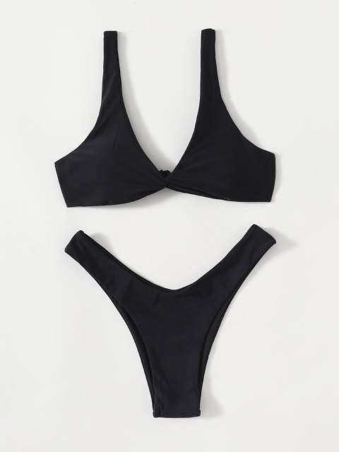 Solid Tie Bikini Padded Bra High Leg Bandage Push Up Bikini Set Brazilian Swimsuit Women Swimwear Rib Bikini Set High Cut Spaghetti Strap Two Piece Swimsuit Bathing Suit