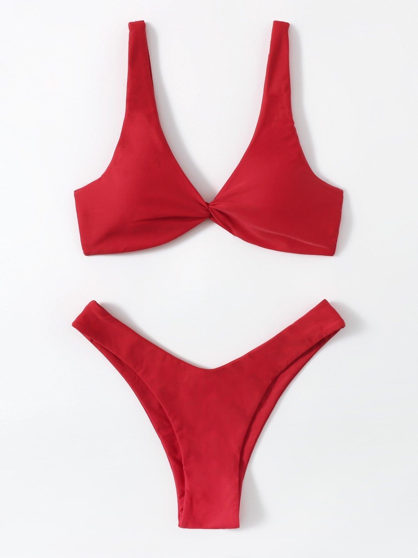 Solid Tie Bikini Padded Bra High Leg Bandage Push Up Bikini Set Brazilian Swimsuit Women Swimwear Rib Bikini Set High Cut Spaghetti Strap Two Piece Swimsuit Bathing Suit