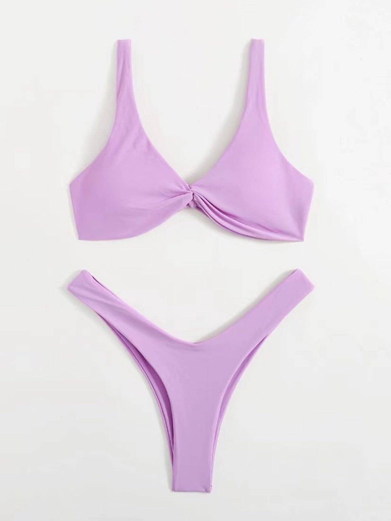 Solid Tie Bikini Padded Bra High Leg Bandage Push Up Bikini Set Brazilian Swimsuit Women Swimwear Rib Bikini Set High Cut Spaghetti Strap Two Piece Swimsuit Bathing Suit