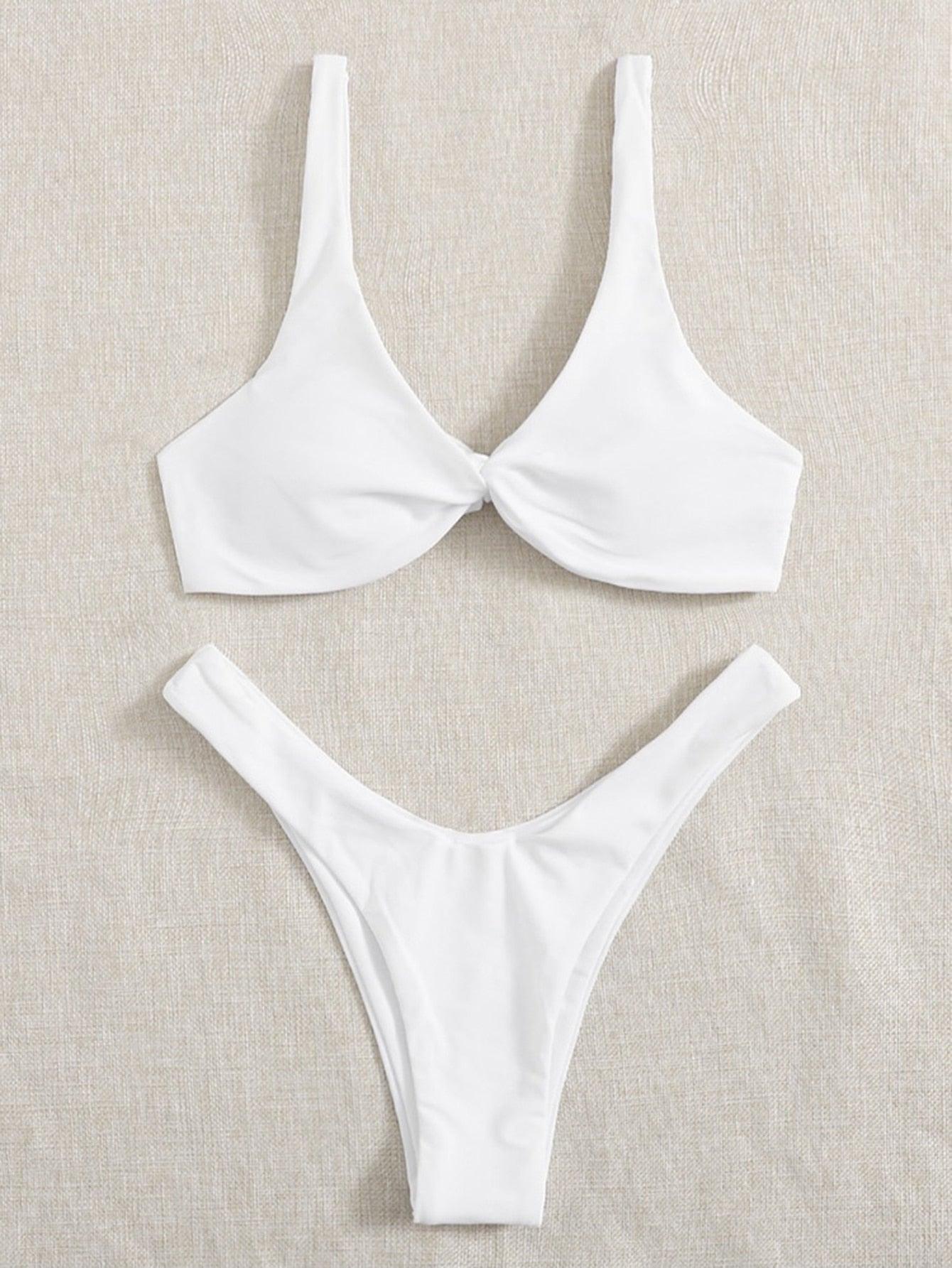 Solid Tie Bikini Padded Bra High Leg Bandage Push Up Bikini Set Brazilian Swimsuit Women Swimwear Rib Bikini Set High Cut Spaghetti Strap Two Piece Swimsuit Bathing Suit