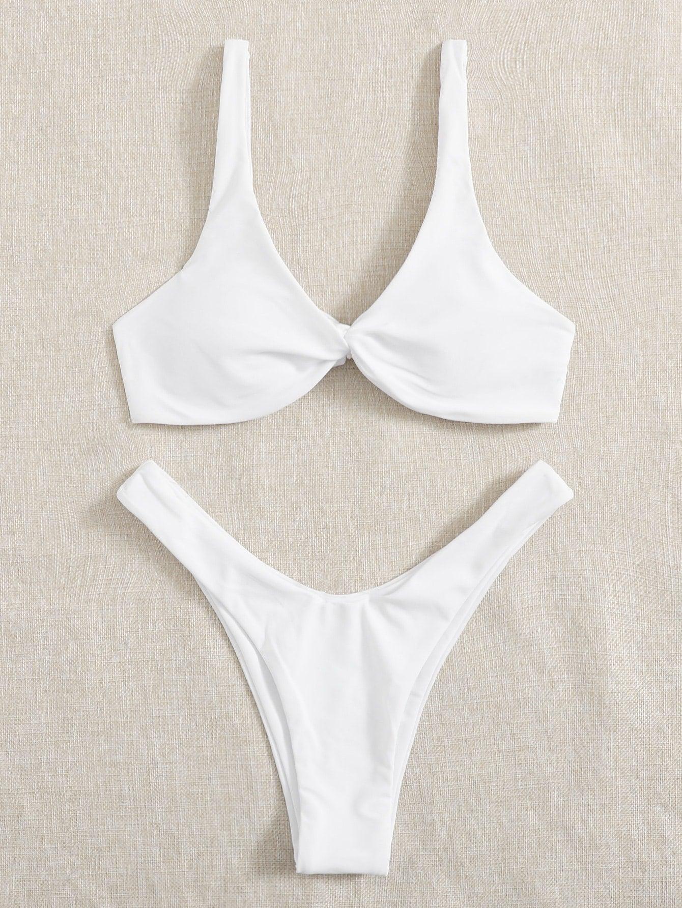 Solid Tie Bikini Padded Bra High Leg Bandage Push Up Bikini Set Brazilian Swimsuit Women Swimwear Rib Bikini Set High Cut Spaghetti Strap Two Piece Swimsuit Bathing Suit