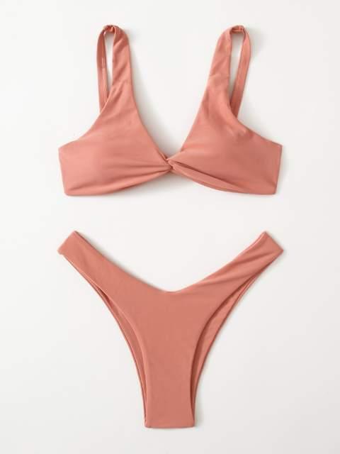 Solid Tie Bikini Padded Bra High Leg Bandage Push Up Bikini Set Brazilian Swimsuit Women Swimwear Rib Bikini Set High Cut Spaghetti Strap Two Piece Swimsuit Bathing Suit