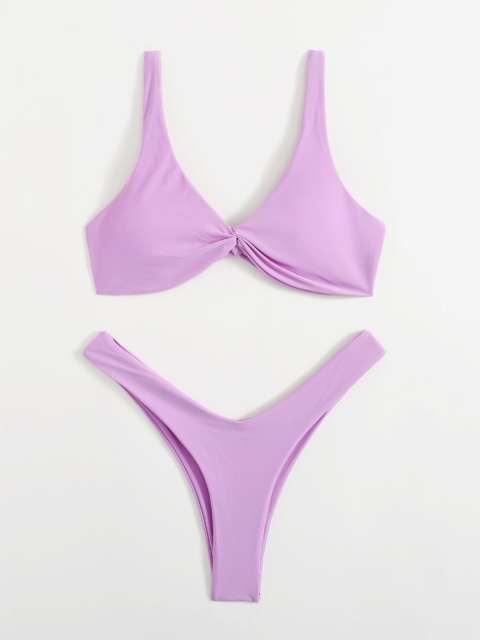 Solid Tie Bikini Padded Bra High Leg Bandage Push Up Bikini Set Brazilian Swimsuit Women Swimwear Rib Bikini Set High Cut Spaghetti Strap Two Piece Swimsuit Bathing Suit