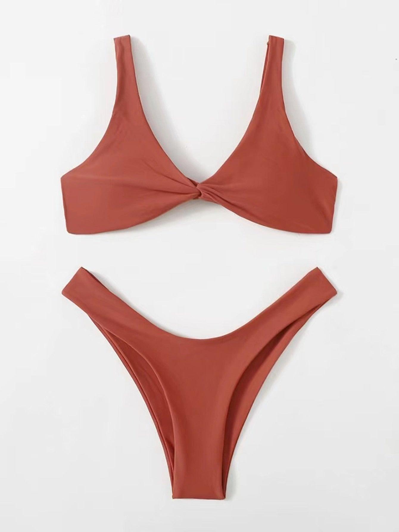 Solid Tie Bikini Padded Bra High Leg Bandage Push Up Bikini Set Brazilian Swimsuit Women Swimwear Rib Bikini Set High Cut Spaghetti Strap Two Piece Swimsuit Bathing Suit