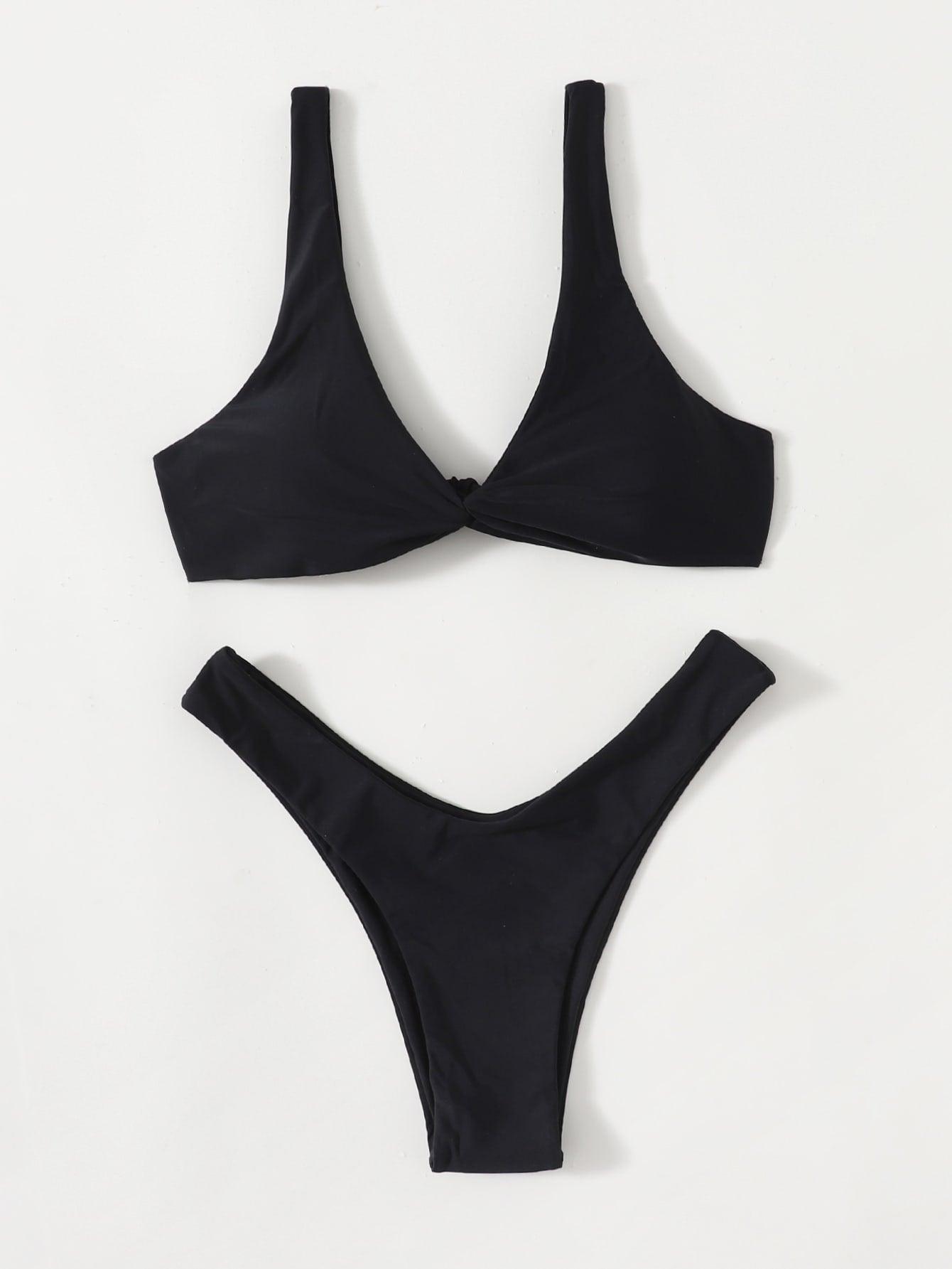 Solid Tie Bikini Padded Bra High Leg Bandage Push Up Bikini Set Brazilian Swimsuit Women Swimwear Rib Bikini Set High Cut Spaghetti Strap Two Piece Swimsuit Bathing Suit