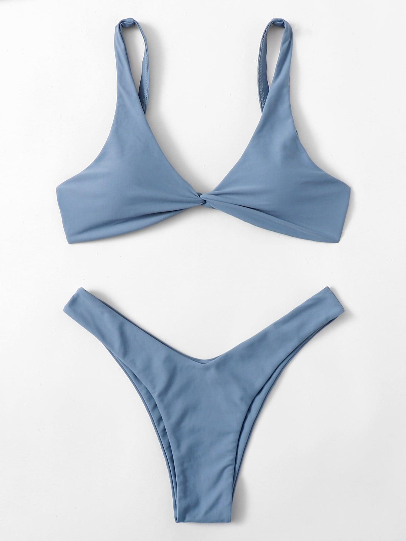 Solid Tie Bikini Padded Bra High Leg Bandage Push Up Bikini Set Brazilian Swimsuit Women Swimwear Rib Bikini Set High Cut Spaghetti Strap Two Piece Swimsuit Bathing Suit