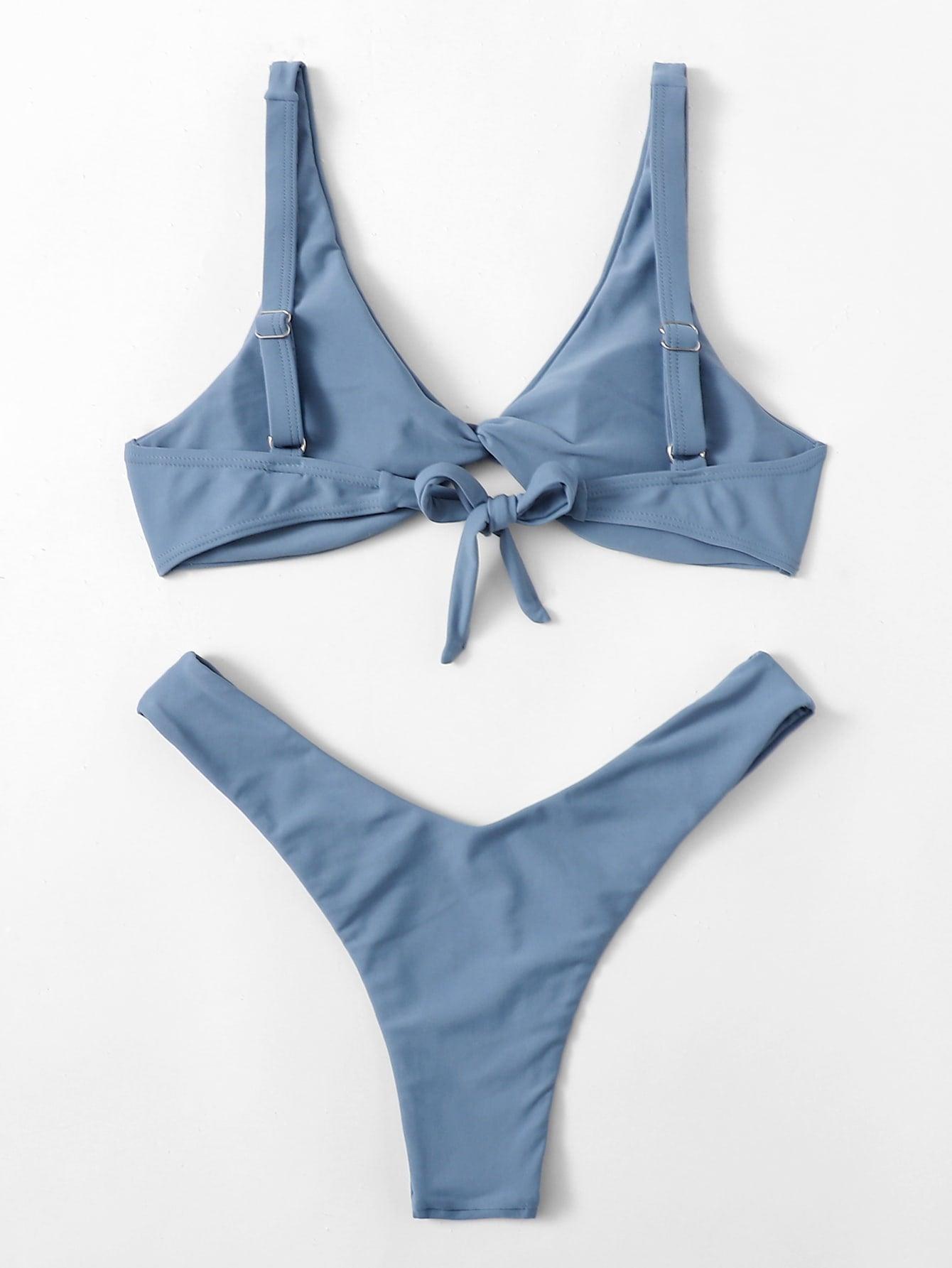 Solid Tie Bikini Padded Bra High Leg Bandage Push Up Bikini Set Brazilian Swimsuit Women Swimwear Rib Bikini Set High Cut Spaghetti Strap Two Piece Swimsuit Bathing Suit