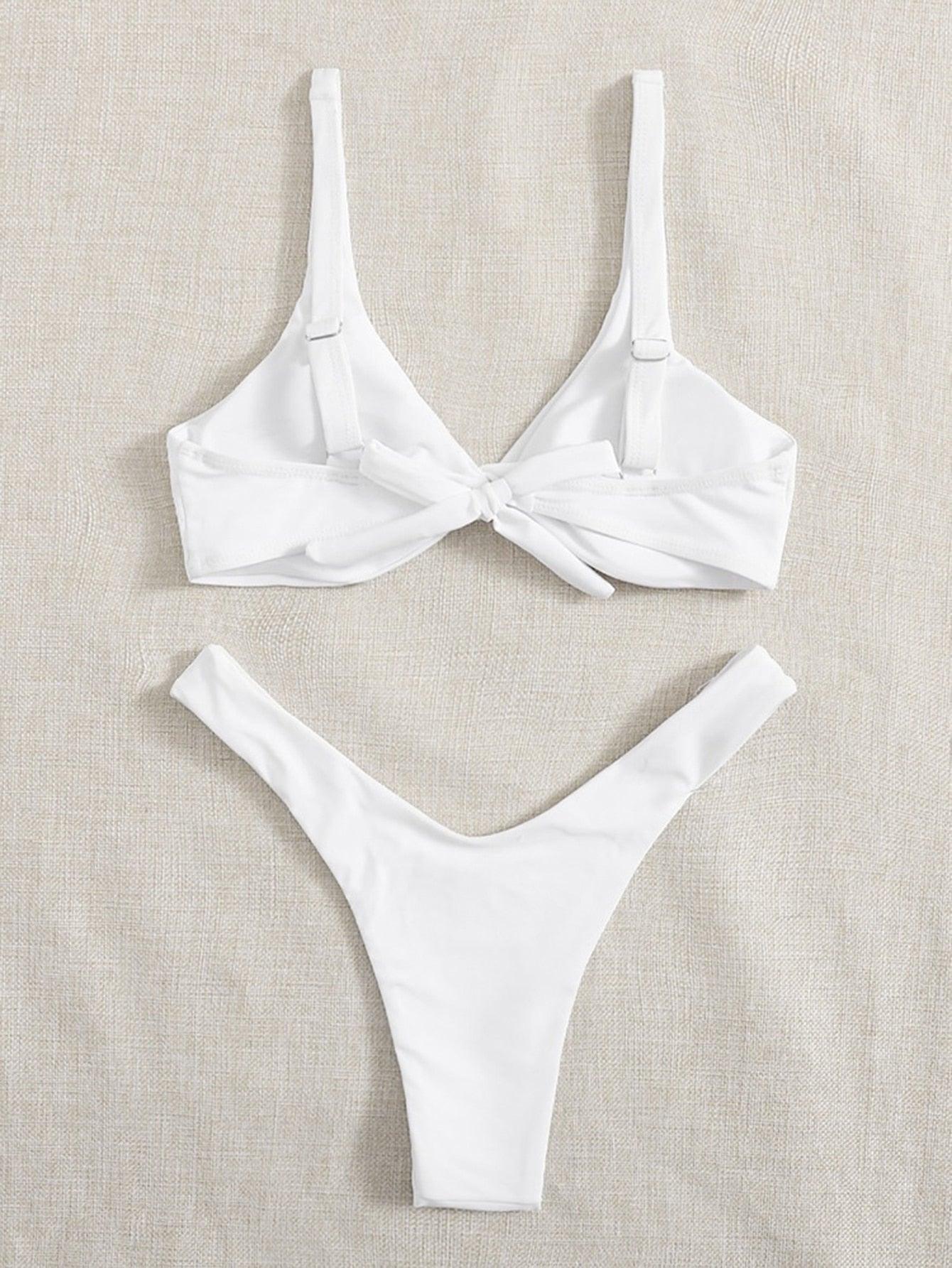 Solid Tie Bikini Padded Bra High Leg Bandage Push Up Bikini Set Brazilian Swimsuit Women Swimwear Rib Bikini Set High Cut Spaghetti Strap Two Piece Swimsuit Bathing Suit