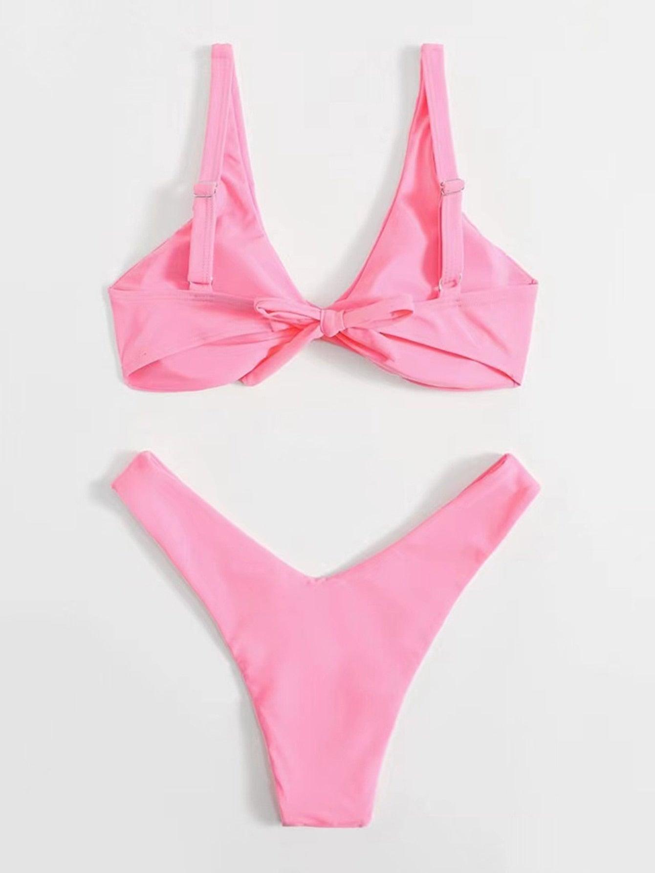 Solid Tie Bikini Padded Bra High Leg Bandage Push Up Bikini Set Brazilian Swimsuit Women Swimwear Rib Bikini Set High Cut Spaghetti Strap Two Piece Swimsuit Bathing Suit