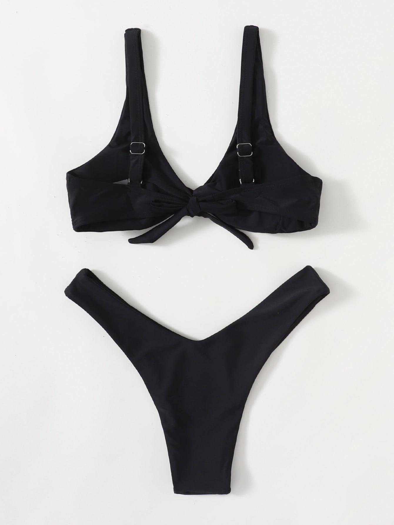 Solid Tie Bikini Padded Bra High Leg Bandage Push Up Bikini Set Brazilian Swimsuit Women Swimwear Rib Bikini Set High Cut Spaghetti Strap Two Piece Swimsuit Bathing Suit