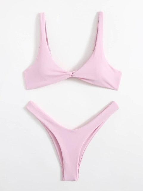 Solid Tie Bikini Padded Bra High Leg Bandage Push Up Bikini Set Brazilian Swimsuit Women Swimwear Rib Bikini Set High Cut Spaghetti Strap Two Piece Swimsuit Bathing Suit