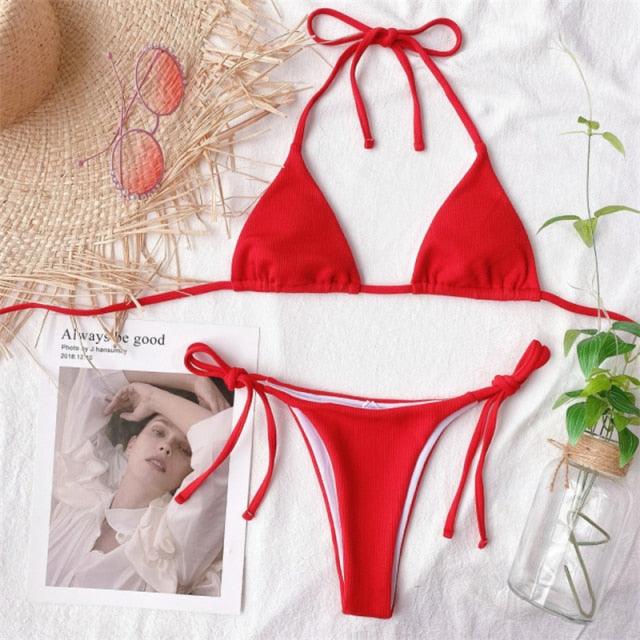 Solid Triangle Bikini Swimwear Women Bandage Backless Two Pieces Swimsuit Women Beachwear Set Women's Halter Triangle Bikini Thong Bottom Cheeky Two Piece Swimsuits