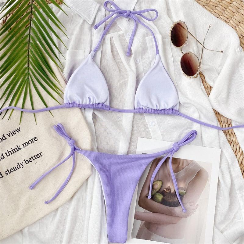 Solid Triangle Bikini Swimwear Women Bandage Backless Two Pieces Swimsuit Women Beachwear Set Women's Halter Triangle Bikini Thong Bottom Cheeky Two Piece Swimsuits