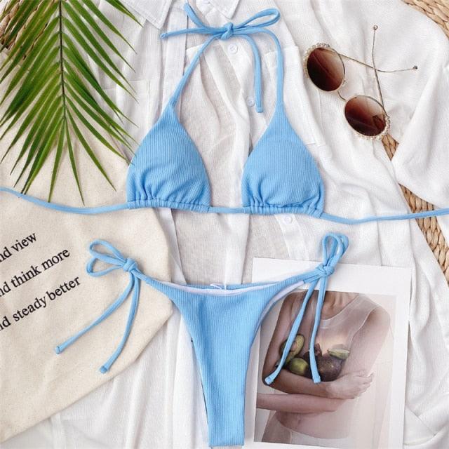 Solid Triangle Bikini Swimwear Women Bandage Backless Two Pieces Swimsuit Women Beachwear Set Women's Halter Triangle Bikini Thong Bottom Cheeky Two Piece Swimsuits